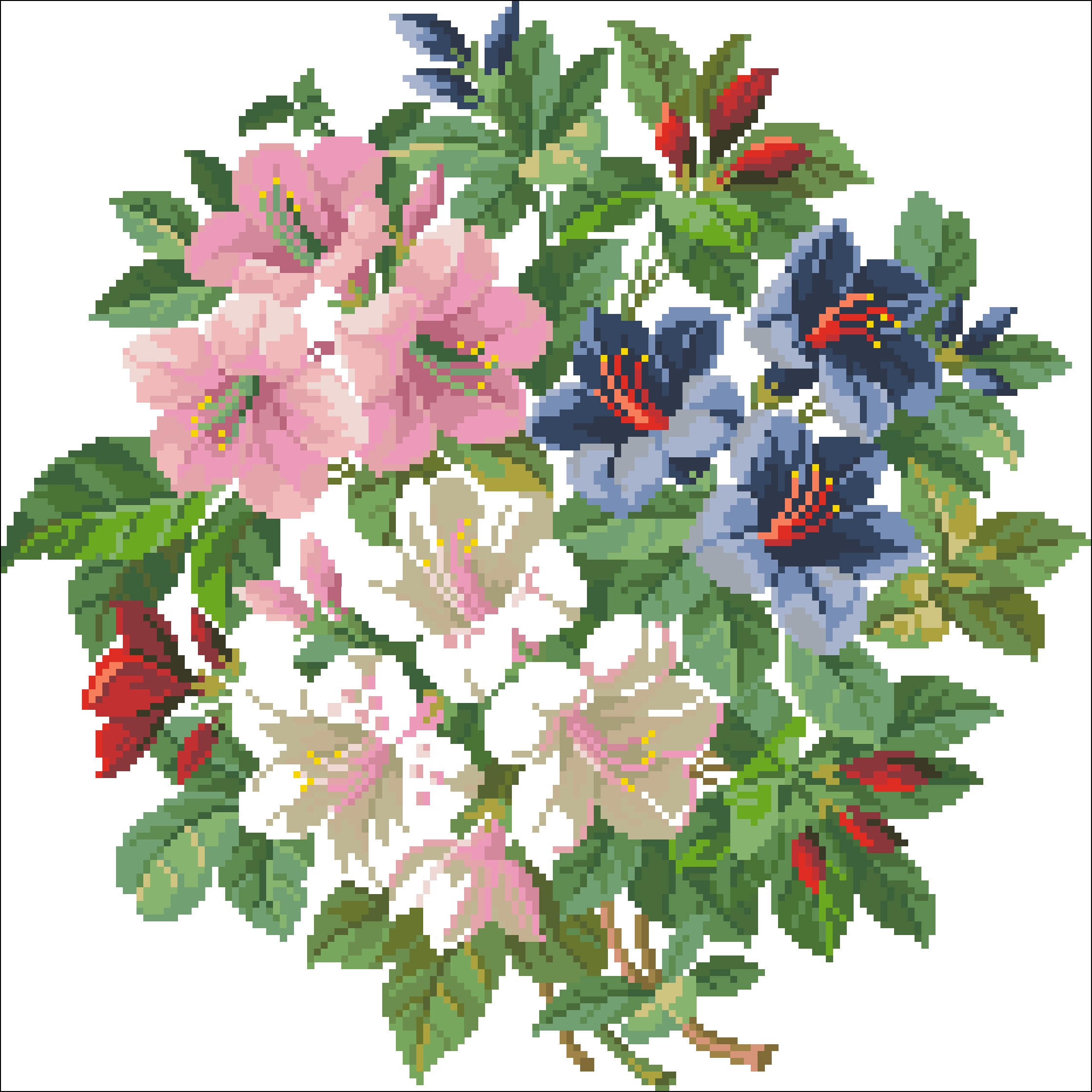 Azaleas Cross Stitch Pattern | Colorful Pink, White & Blue Flowers PDF ...