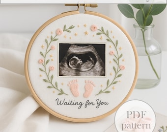 Ultrasound Embroidery Pattern – Hand Embroidered Photo Frame with Baby Feet & Floral Border