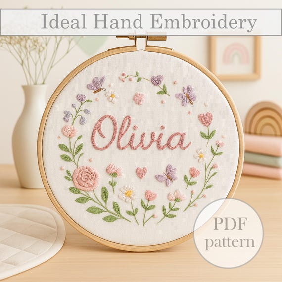 Custom Name Embroidery Pattern – PDF Floral Hoop Art with Butterflies for Kids Room Decor or Baby Gift