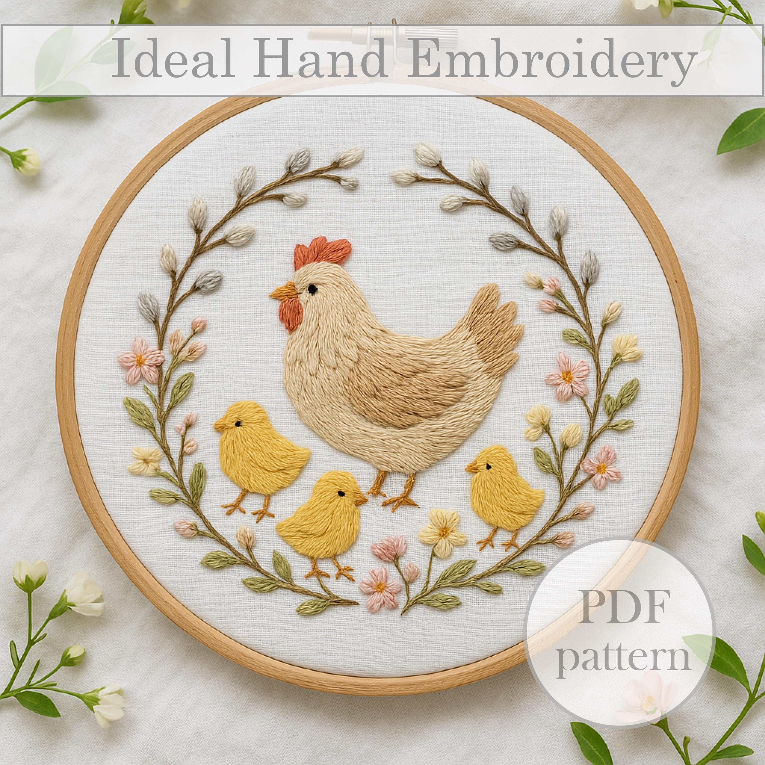 Patrón de bordado de gallina y pollitos (PDF) Arte de aro de pollo para decoración de cocina rústica