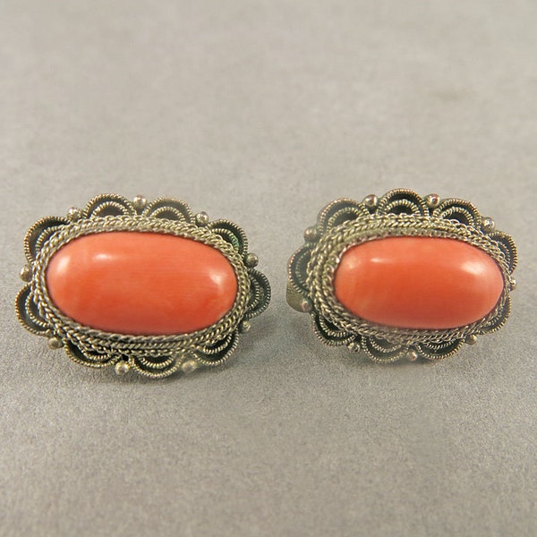 Vintage Coral Earrings On Sliver Plate Vintage Clip On Earrings 1930s Jewelry Old Coral Jewelry