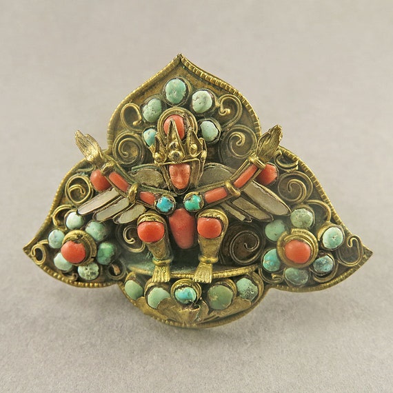 Vintage Coral Brooch Tibetan Jewelry With Turquoise Beads Ethnic Jewelry