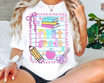 T-shirt met comfortkleuren eerste leerjaar, leraarsshirt eerste leerjaar, gingangleraar eerste leerjaar, leraarsshirt eerste leerjaar, grandmillenial eerste leerjaar