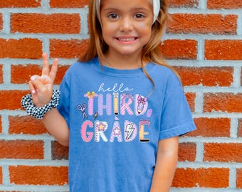 Camiseta de tercer grado, camiseta de regreso a clases, camiseta de tercer grado, camiseta de tercer grado para niños, primer día de clases para niñas, colores cómodos de tercer grado