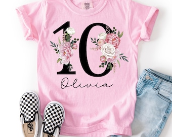 Camiseta de niña de décimo cumpleaños, camiseta de flores de décimo cumpleaños, camiseta de flores de décimo cumpleaños, camiseta de cumpleaños 10, camiseta de niña de cumpleaños, niña de décimo cumpleaños
