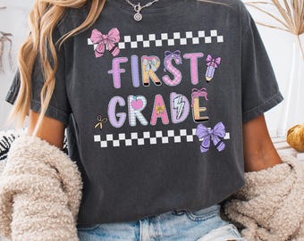 T-shirt met comfortkleuren eerste leerjaar, leraarsshirt eerste leerjaar, gingangleraar eerste leerjaar, leraarsshirt eerste leerjaar, grandmillenial eerste leerjaar