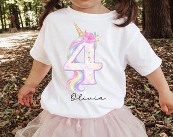 ユニコーンの誕生日の女の子のシャツ、ユニコーンの誕生日のシャツ、パーソナライズされた4歳の誕生日の女の子のユニコーンTシャツ、女の子の4歳の誕生日のシャツ、4歳の誕生日
