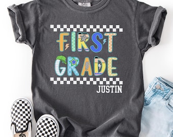 1年生の男の子用カスタムシャツ、子供の初登校日シャツ、男の子の初登校日シャツ、初登校日用シャツ、1年生のカスタムシャツ