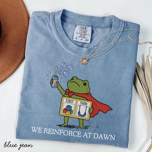 May include: A blue short-sleeve t-shirt featuring a green frog wearing a red cape, holding a bubble wand and a sign that reads FIRST THEN with images of building blocks and a swing. The text WE REINFORCE AT DAWN is printed below the frog.