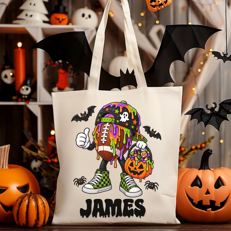 Custom Name Halloween Football Golf Basketball Baseball Soccer Canvas Gift Bag, Sports Pattern Trick or Treat Bag for Boys Kids