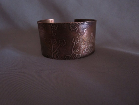 Copper Etched Cuff Bracelet with Butterfly and Flower Design | Etsy