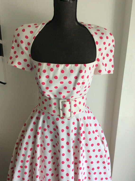 70s Victor Costas pink polka dots dress/w belt - image 3