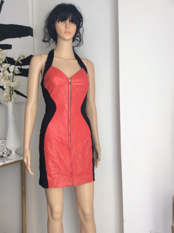 Cache red leather dress halter mini