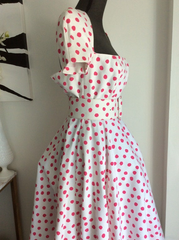 70s Victor Costas pink polka dots dress/w belt - image 4