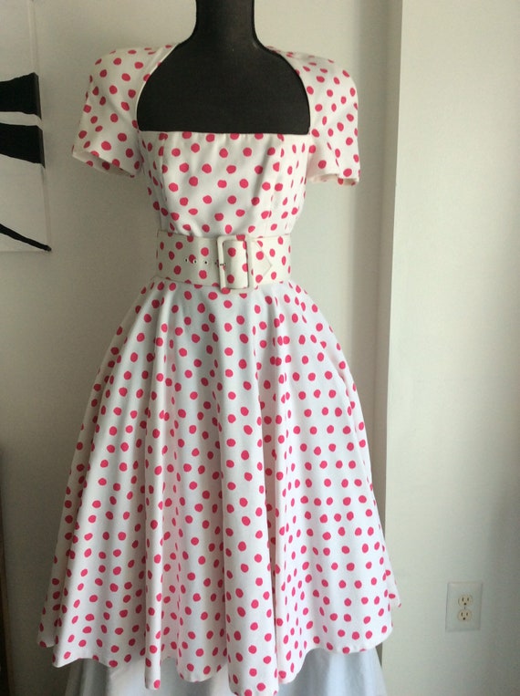 70s Victor Costas pink polka dots dress/w belt - image 1