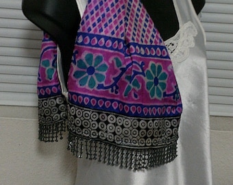 Dazzle in this Beautiful Two Sided Pure Silk Batik Beaded Scarf Made from a Vintage Indian Sari. Shimmery Pearly Fabric & Beads. Unique Chic