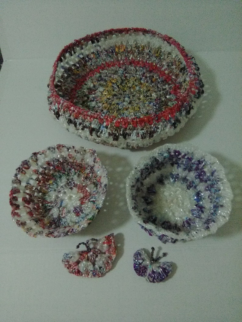 Innovative Flex-A-Bowl Baskets made from PLARN: Plastic Bag Yarn to Reduce Reuse Recycle Flexible Stretchy Bowl Baskets to Decorate in Style image 1