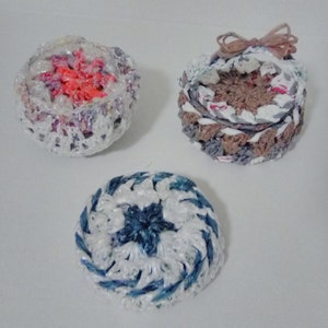 REduce REUSE Recycle! Plarn Coasters Made from plastic bags to Support Earth Friendliness! Innovative Decorative Colorful Presentable Chic
