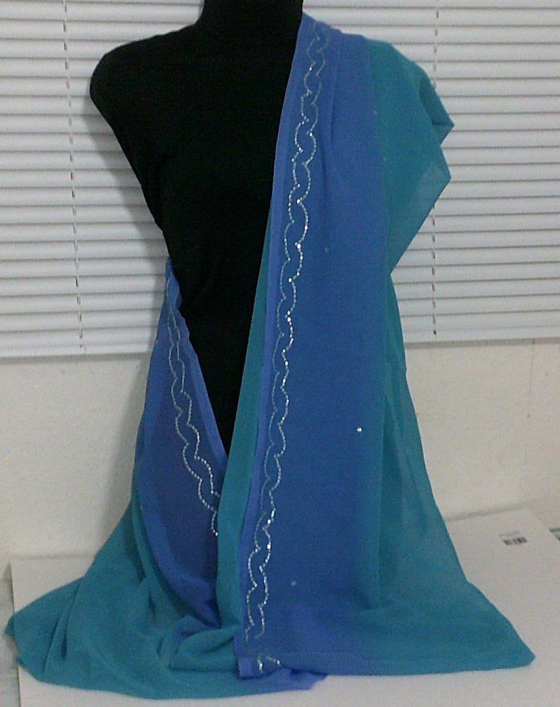 Beautiful Chiffon Georgette Blue Turquoise Shaded Long Wrap Scarf. Was New Indian Saree. Gorgeous Zigzag Silver Sequence border. Tres Chic image 2