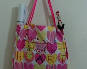 THANK A Teacher Who Teaches With Heart! Two Sided Bright Colorful Fabric Heart Sack Pack. Stylish Fold & Take Along Bag. Practical Sensible!