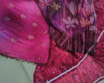 SALE! 3 Chic Long Wide French Chiffon Scarves. Vintage fabric Gentle Lilac Blossoms, Pink with Silvery Pearl Sequence, Magenta Pink Beauty!