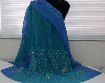 Razzle Dazzle in this Elaborately Designed Stunning Long Wide Wrap Scarf from a New Indian Saree! Shadow Effect on French Chiffon Georgette.
