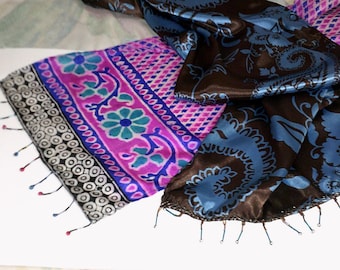 SALE! 2 Chic Beaded Scarves! FREE SHIPPING! Shinny Soft Turquoise Brown Paisley Satin & Indian Pure Silk Traditional Batik. One End Beaded.