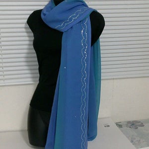 Beautiful Chiffon Georgette Blue Turquoise Shaded Long Wrap Scarf. Was New Indian Saree. Gorgeous Zigzag Silver Sequence border. Tres Chic image 3