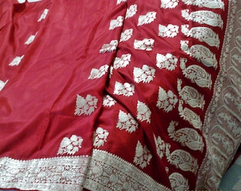 4SALE2WOW!! Bright Red Indian Pure Silk Beauty Exquisite Traditional Red Rich Paisley Zari Embroidered Design. Gorgeous Evening Gown Fabric!