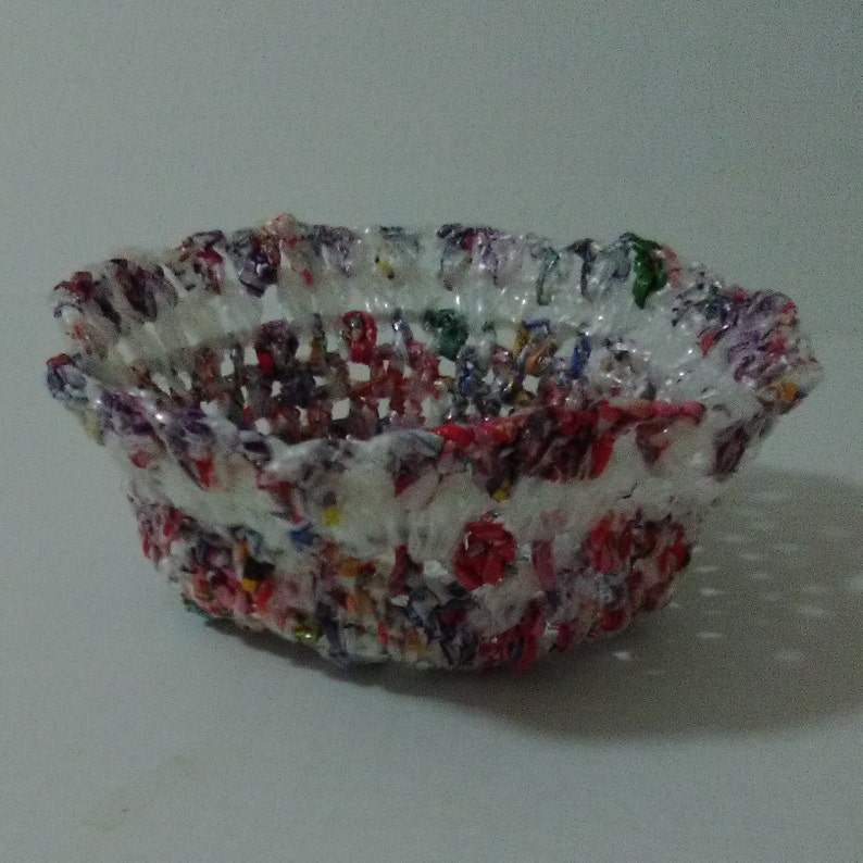 Innovative Flex-A-Bowl Baskets made from PLARN: Plastic Bag Yarn to Reduce Reuse Recycle Flexible Stretchy Bowl Baskets to Decorate in Style image 4