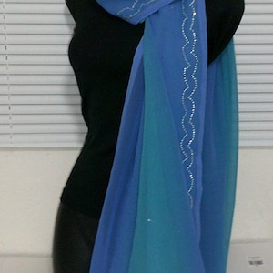 Beautiful Chiffon Georgette Blue Turquoise Shaded Long Wrap Scarf.  Was New Indian Saree. Gorgeous Zigzag Silver Sequence border. Tres Chic!