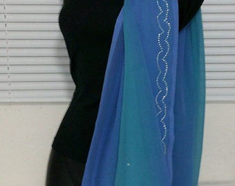 Beautiful Chiffon Georgette Blue Turquoise Shaded Long Wrap Scarf.  Was New Indian Saree. Gorgeous Zigzag Silver Sequence border. Tres Chic!