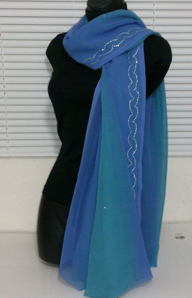 Beautiful Chiffon Georgette Blue Turquoise Shaded Long Wrap Scarf. Was New Indian Saree. Gorgeous Zigzag Silver Sequence border. Tres Chic image 1