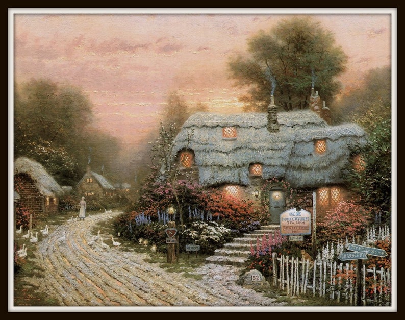 Unframed Vintage Illustration Cottage Art Print Wall Art Home Decor Thomas Kinkade Art Print Olde Porterfield Tea Room