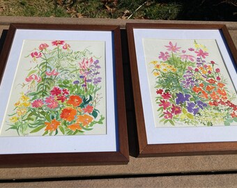 Stunning Pair (Two) of Vintage Floral Wildflower Watercolor Paintings