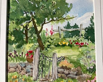 Gorgeous Original Watercolor Painting Spring Garden Scene Gate Tree Flowers
