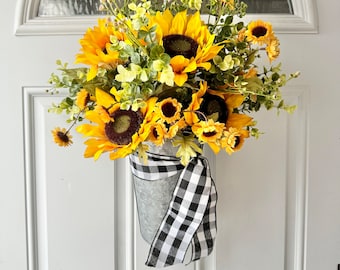 Sunflower Wreaths for Front Door, Summer Wreath, Sunflower Wreath Basket, Front Door Wreath, Housewarming Gift, Fall Sunflower Wreath
