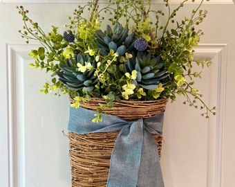 Succulent Wreath, Basket Wreath, Succulent Wall Basket, Front Door Wreaths, Everyday Wreath, Year Round Wreath, Blue Succulent Wreath Basket