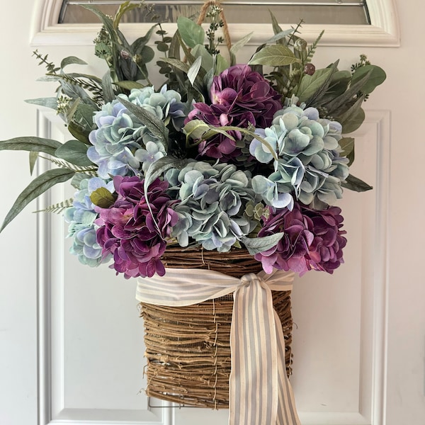 Hydrangea Wreath for Front Door, Hydrangea Wreath, Large Spring Wreaths, Spring Summer Hydrangea Wreath, Door Basket, Summer Wreath Basket
