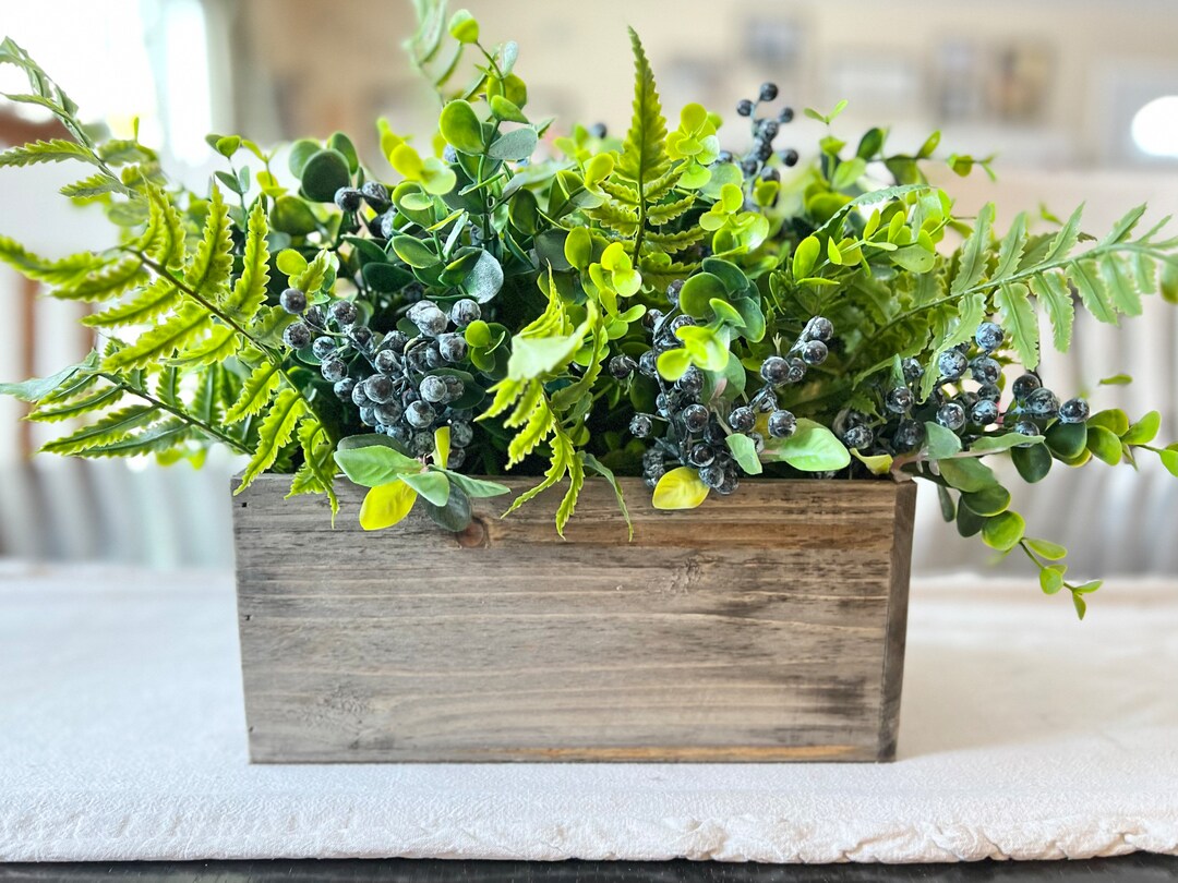 Farmhouse Table Centerpiece, Planter Box Greenery Arrangement, Floral Centerpiece, Blueberry and ...
