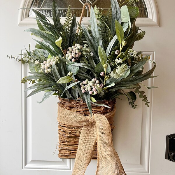 Greenery Wreath for Front Door, Rustic Wreath, Everyday Wreath, Year Round Wreath, Greenery Wreath, Spring Summer Wreath, Door Hanger Basket