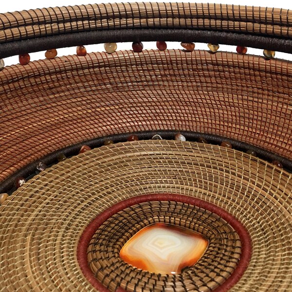 Large custom Pine needle coiled woven basket, approx. 14-3/4"in. diam. and 4-1/4" inside depth, hand-made orange Agate/resin centerpiece