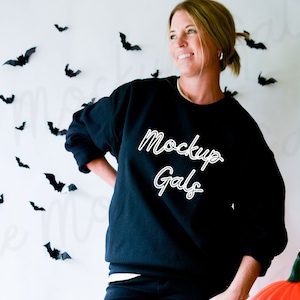 Black Gildan 18000 Sweatshirt Mockup | Halloween Sweatshirt Mockup | Fall Sweatshirt Mockup | Halloween Mock-up | Autumn Sweatshirt Mockup