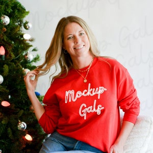 Gildan 18000 Mockup | Red Sweatshirt Mockup | Christmas Sweatshirt Mockup | Model Mockup | Holiday Sweatshirt Mock-up Red Sweatshirt Mockup