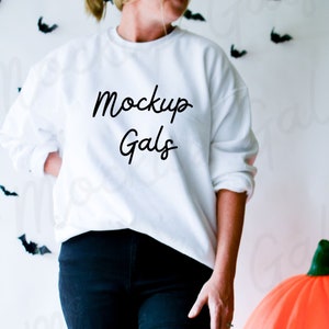 White Gildan 18000 Sweatshirt Mockup | Halloween Sweatshirt Mockup | Fall Sweatshirt Mockup | Halloween Mock-up | Autumn Sweatshirt Mockup
