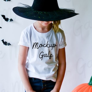 White Bella Canvas 3001Y Mockup | Kids Fall Shirt Mockup | Fall Kids T-Shirt Mockup | Girls Fall Mockup | Kids Halloween Mock Up Model Mock