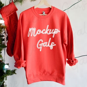 Gildan 18000 Mockup | Red Sweatshirt Mockup | Christmas Sweatshirt Mockup | Model Mockup | Holiday Sweatshirt Mock-up Red Sweatshirt Mockup