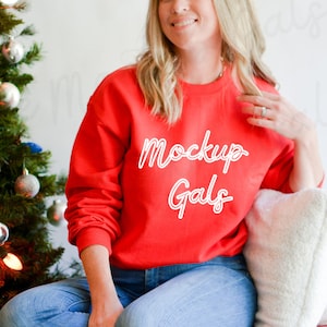 Gildan 18000 Mockup | Red Sweatshirt Mockup | Christmas Sweatshirt Mockup | Model Mockup | Holiday Sweatshirt Mock-up Red Sweatshirt Mockup