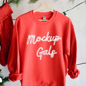 Gildan 18000 Mockup | Red Sweatshirt Mockup | Christmas Sweatshirt Mockup | Model Mockup | Holiday Sweatshirt Mock-up Red Sweatshirt Mockup
