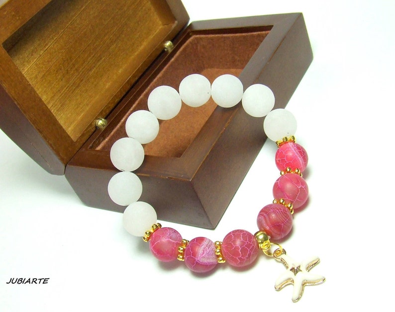 Armband aus weißer Jade, dehnbares Edelsteinarmband, Sommerarmband, Seestern, Wassermelonenachat Bild 2